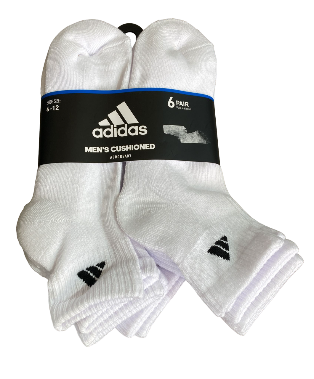 Lot de 6 paires de chaussettes rembourrées pour homme Adidas, pointures 6 à 12, blanches