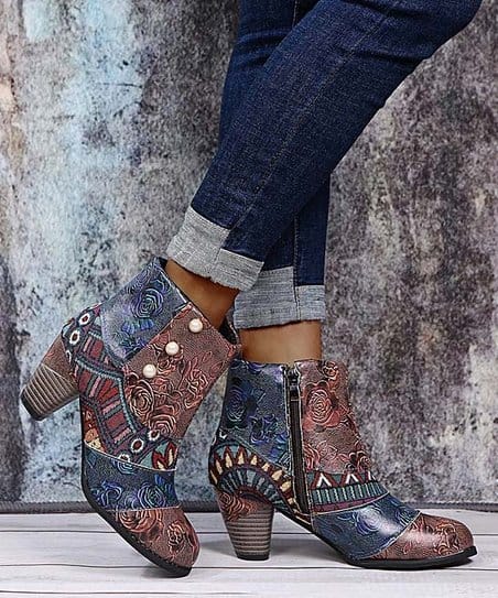 Bottines patchwork abstraites marron foncé pour femmes