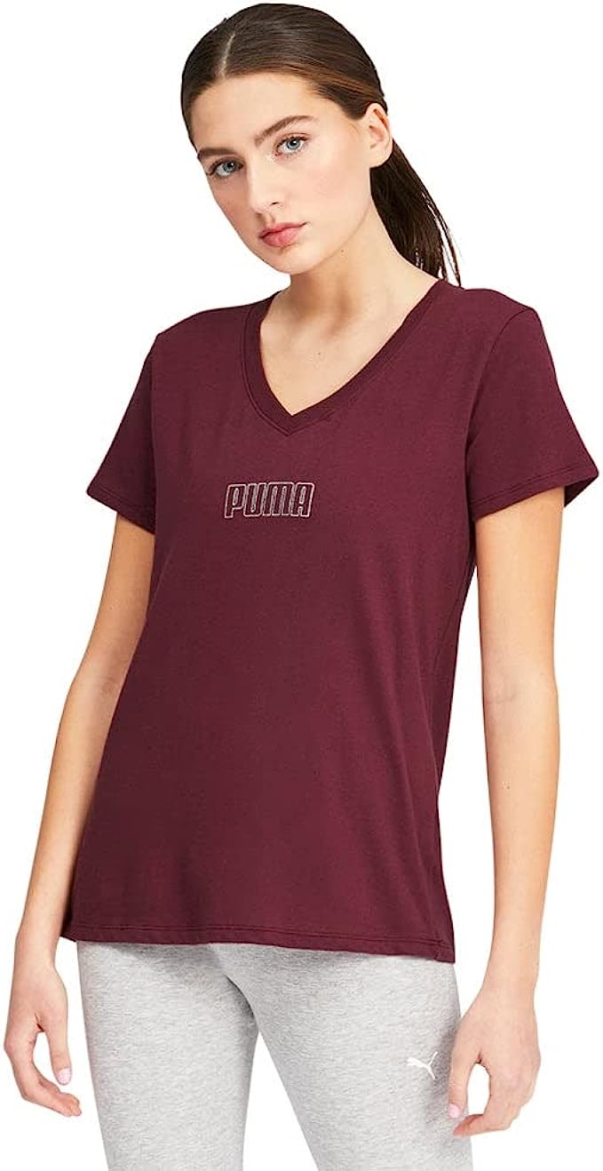 Puma Women's Modern Basics Logo V Neck Short Sleeve Burgundy