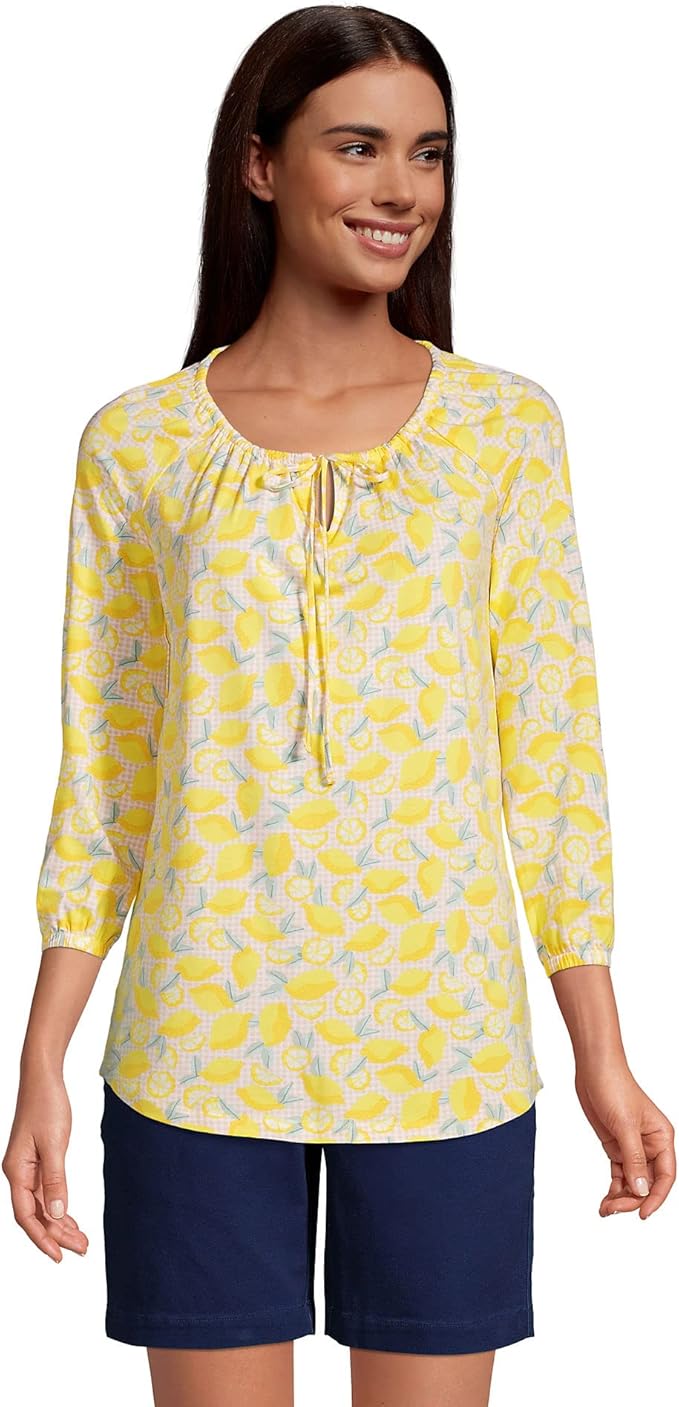 Lands' End Womens 3Q Sleeve Light Weight Jersey Peasant Tunic Bright Sun Yellow Lemon Check