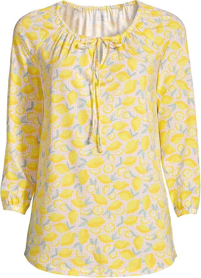 Lands' End Womens 3Q Sleeve Light Weight Jersey Peasant Tunic Bright Sun Yellow Lemon Check