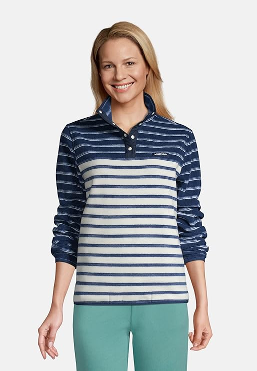 Lands' End Women's Snap Neck Heritage Fleece Pullover Deep Sea Navy Founders Stripe