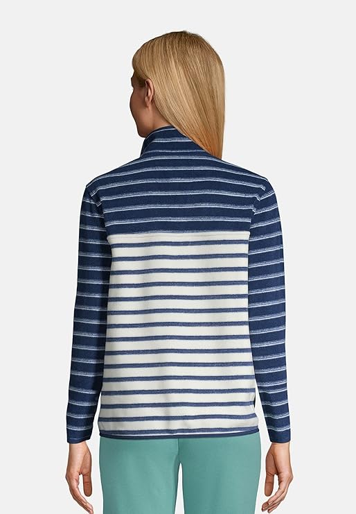 Lands' End Women's Snap Neck Heritage Fleece Pullover Deep Sea Navy Founders Stripe