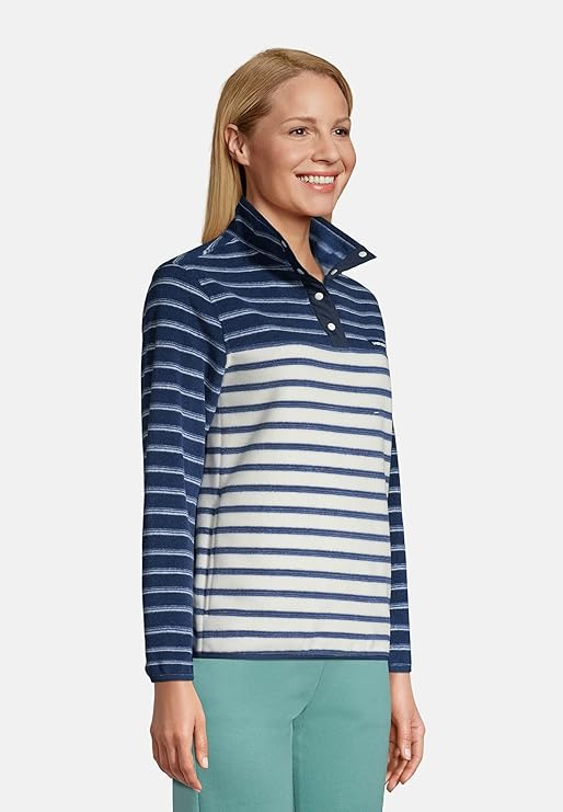 Lands' End Women's Snap Neck Heritage Fleece Pullover Deep Sea Navy Founders Stripe