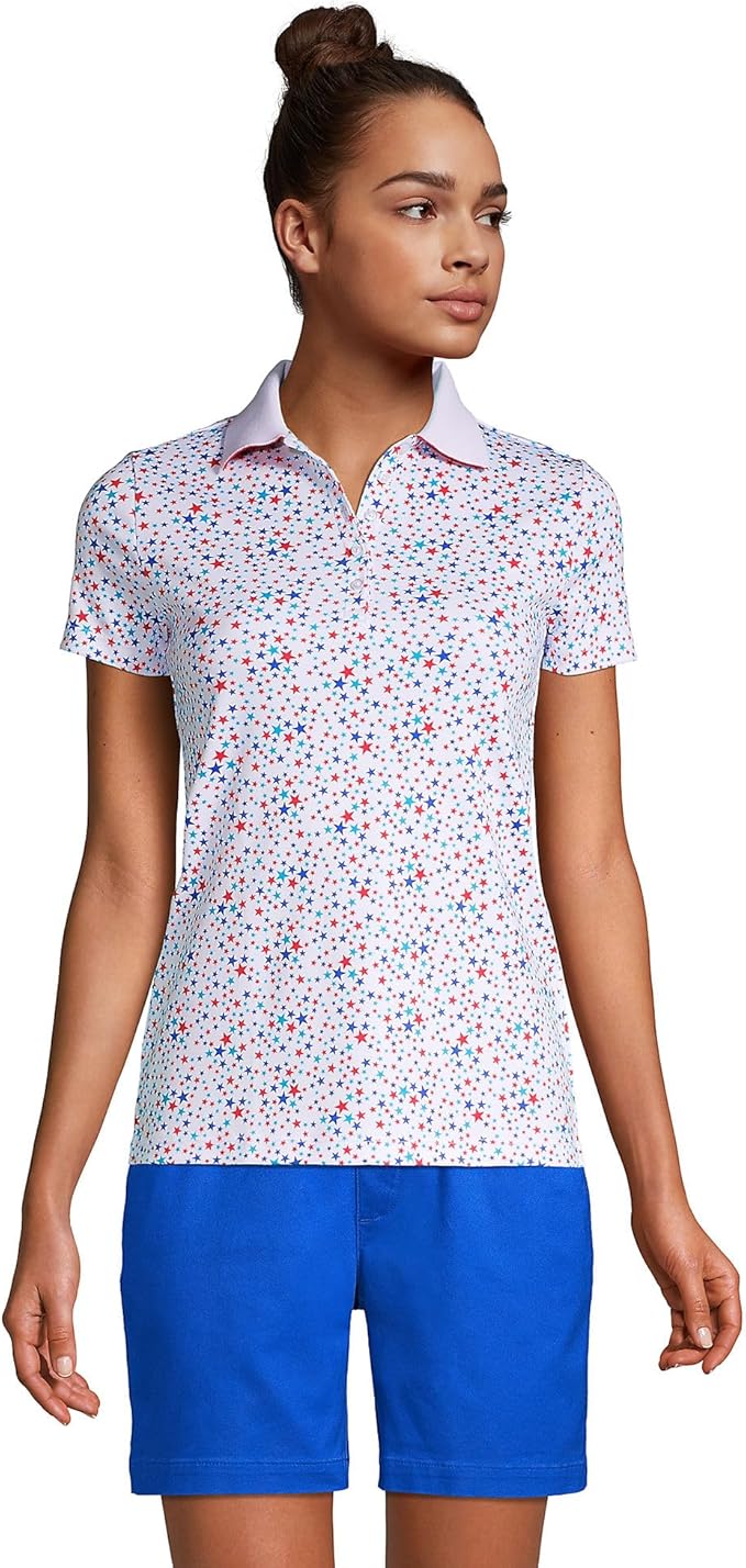 Polo Supima de manga corta para mujer de Lands' End, blanco, con estrellas múltiples