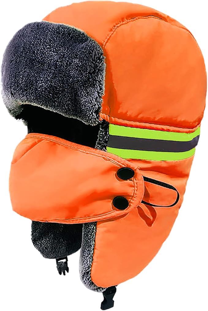 Chapeau de trappeur réfléchissant Blaze Orange Casquette de ski avec cache-oreilles Masque